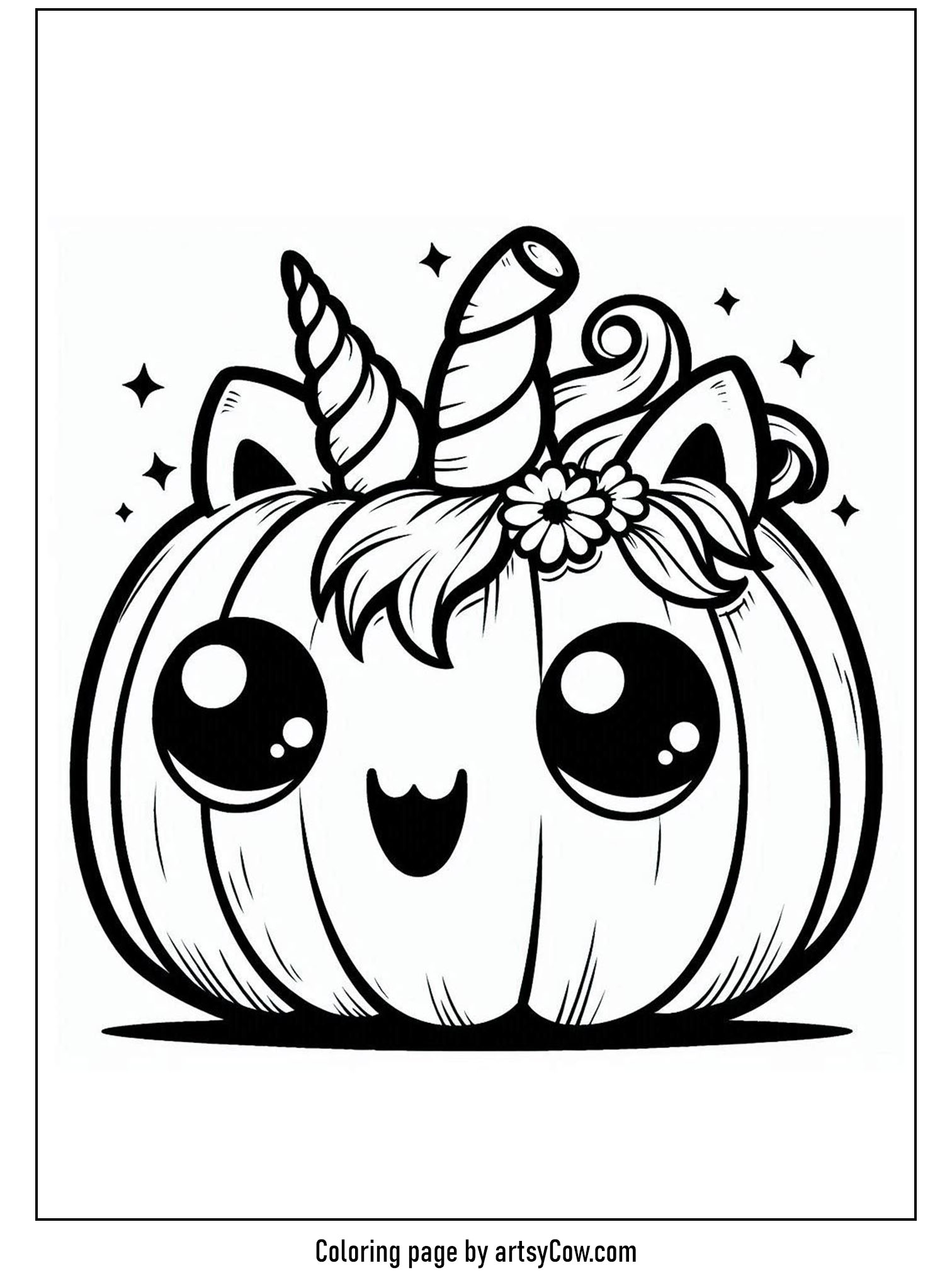 halloween coloring pages with jack-o-lantern featuring a unique unicorn-horned pumpkin with big adorable eyes and a lovely floral accent.